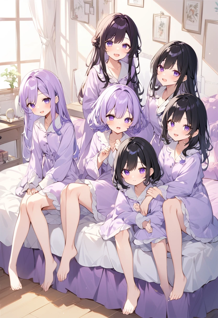 Keito。Purple pajamas。Purple Eyes。Black Hair。barefoot。6 sisters。Both of them have light purple hair.。all female。Sextuplets。Purple bed