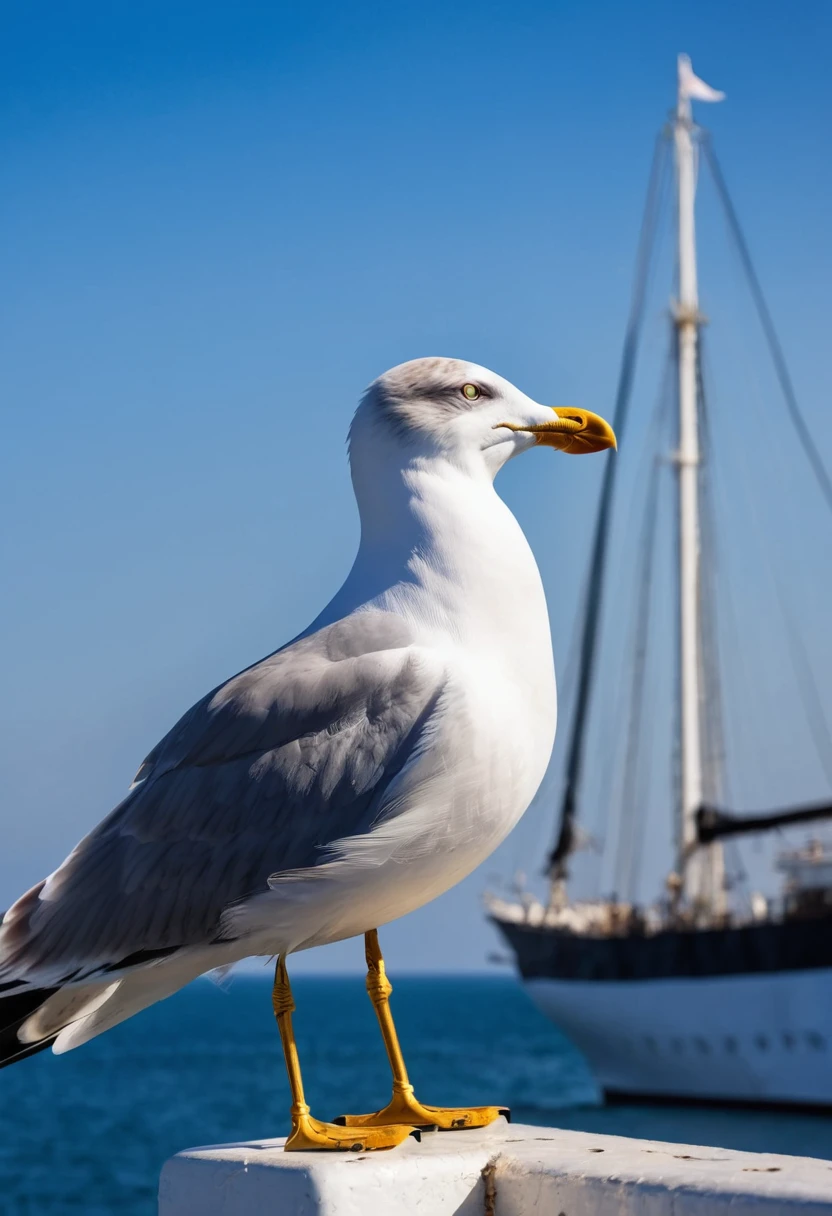Macro shot, Close up of A seagull stands on a cleat at the dock. A silhouette of a Brig (a two masted ship) on the sea approacing with the blue sky as the background.