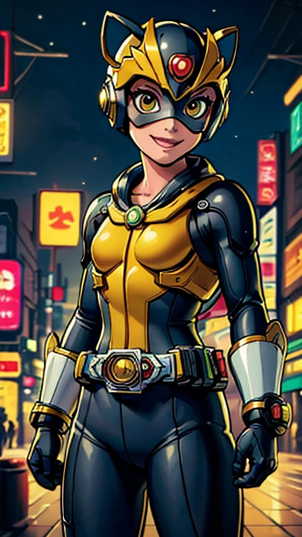 (8k),(masterpiece),(Japanese),(***************),((innocent look)),((Childish)),From the front,smile,cute,Innocent,Kind eyes,Flat chest,brown helmet, yellow domino mask,belle, bald,no Hair,Strong wind,night,dark, Neon light cyberpunk city,Kamen_Rider,camisa