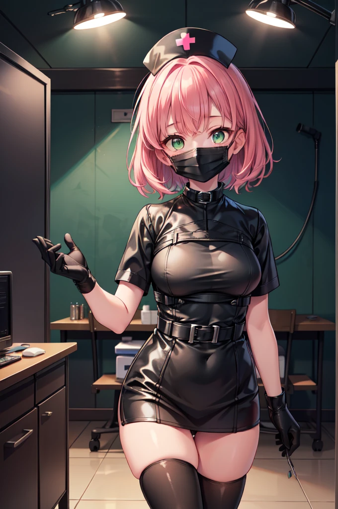 black nurse, 1girl, solo, black nurse cap, black nurse uniform, ((black legwear, zettai ryouiki)), black elbow gloves, pink hair, green eyes, drooping eyes, ((black surgical mask, covered nose)), standing, ((surgery room)), sharp outline, short sleeves, best quality, masterpiece
