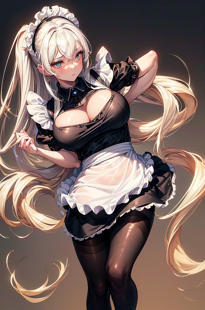 ((highest quality)),(ultra high resolution),(Super detailed),(detailed description),((best CG)),(best work of art),super precision art, great drawing art,(Art with precise details:1.5), ( simple black form-fitting maid uniform with a white apron and sheer pantyhose 1 teenage girl:1.5), beautiful and well-shaped face:1.5,(Beautiful skin with precise and detailed depiction:1.6),(:1.5),provocative angle:1.6,gorgeous, beautiful young teenage girl, 18 years old, luminous snow white hair, enchanting golden colored eyes, tiger ears, white striped tiger tail, tall height (190cm), slim thick body type with mouth-watering curves