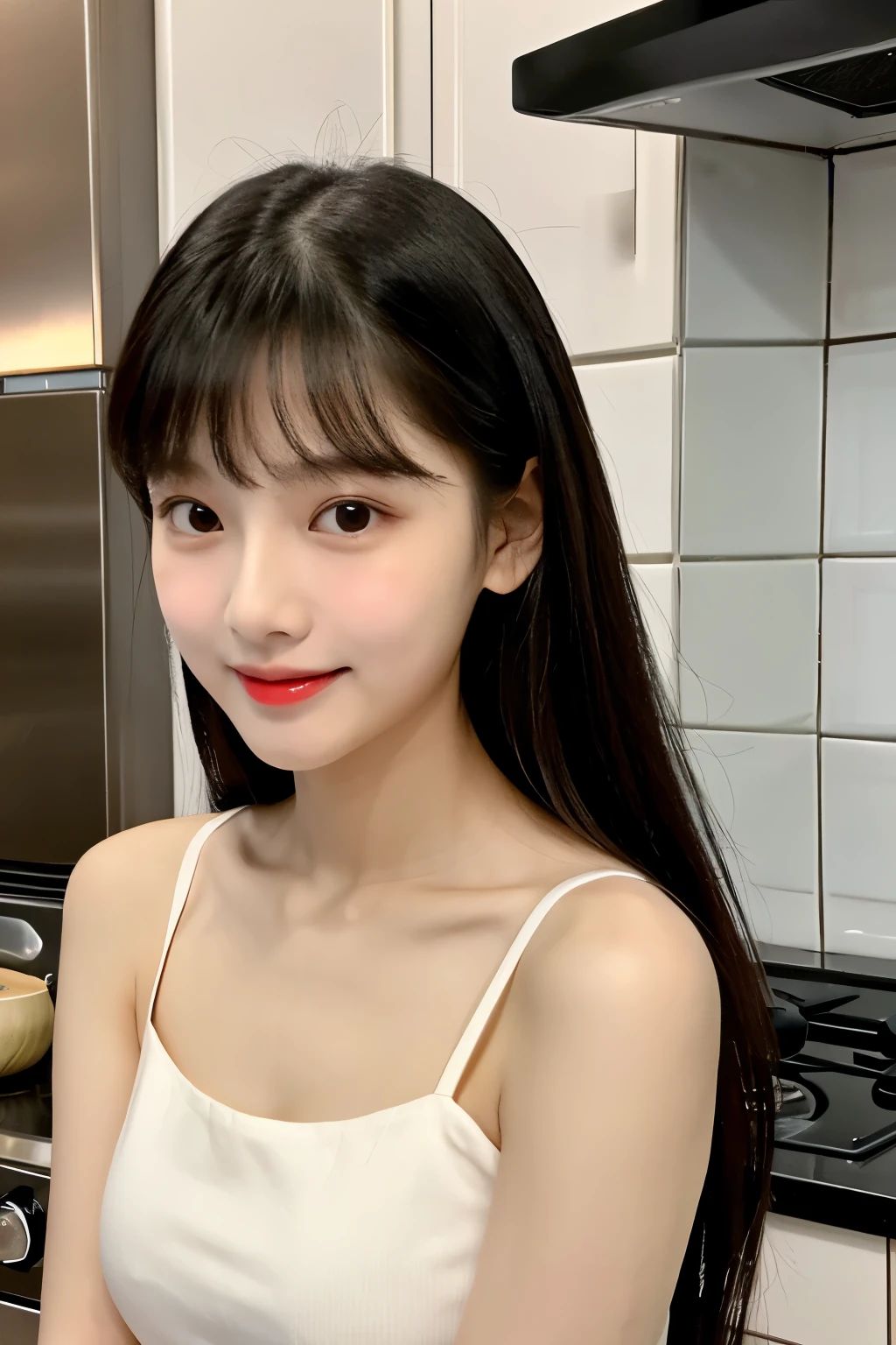  young beautifull South Korean girls, beauty face, Cute face, Sweet face, thin, long sleek Straight hair style, lipstick, dress, night, Girl With a perfect figure, Thin body, cooking