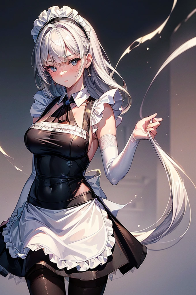 best quality, masterpiece, Ultra-high resolution, Reality, 1 Girl, White hair, Black eyes, sexy maid outfit, egoist, flipping hair, embarrassed, 30 years old, black eyes, black eyes