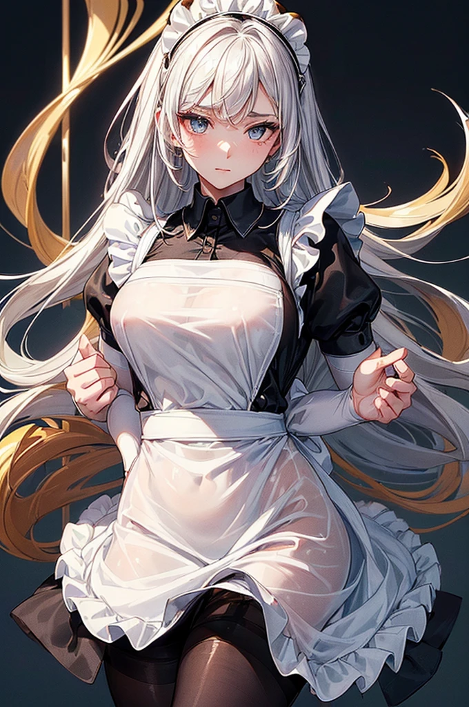 ((highest quality)),(ultra high resolution),(Super detailed),(detailed description),((best CG)),(best work of art),super precision art, great drawing art,(Art with precise details:1.5), ( simple black form-fitting maid uniform with a white apron and sheer pantyhose 1 age girl:1.5), beautiful and well-shaped face:1.5,(Beautiful skin with precise and detailed depiction:1.6),(:1.5),provocative angle:1.6,gorgeous, beautiful young teengirl, 18 years old, luminous snow white hair, enchanting golden colored eyes, tiger ears, white striped tiger tail, tall height (190cm), slim thick body type with mouth-watering curves
