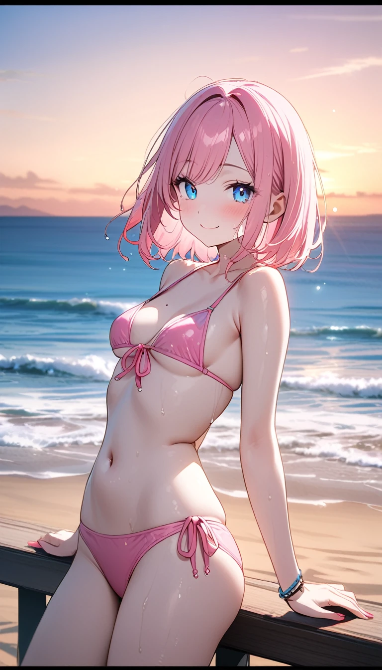 (1 girl),(Best Picture Quality, 8K, Masterpiece:1.3), (high school student:1.5), ((pink lob hair:1.1)), (bob cut),(swept bangs), (cute eyes, pupil black, iris skyblue, youthful face), (mole under right eye), (standard weight), (small breasts), (glistening skin:1.1),(pale skin:1.2),(Tie-side pink bikini),(seaside),((Gyaru fashion:1.3)),(wet:1.1),((summer scene:1.2)),(magnificent view),(overlooking),(Smile).
