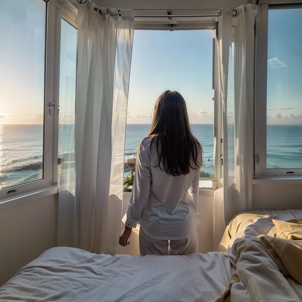 Raw photo, woman standing in her room wearing white pajamas in front of a window looking out at the ocean, fine art, looking out at a sunset, looking out over the sea, looking out at the ocean, looking off into the sunset, sunset view, blue sky beautful view, looking at sunset, gorgeous view, overlooking the ocean, looking out window. Raw photo