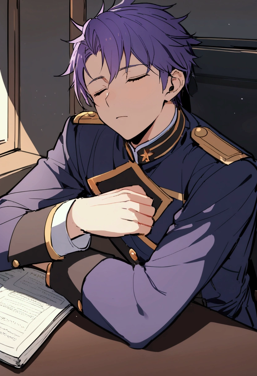 1 man with short purple hair,Around ，juvenile，Uniforms，Sleeping face，Sleeping on the desk，rest。 