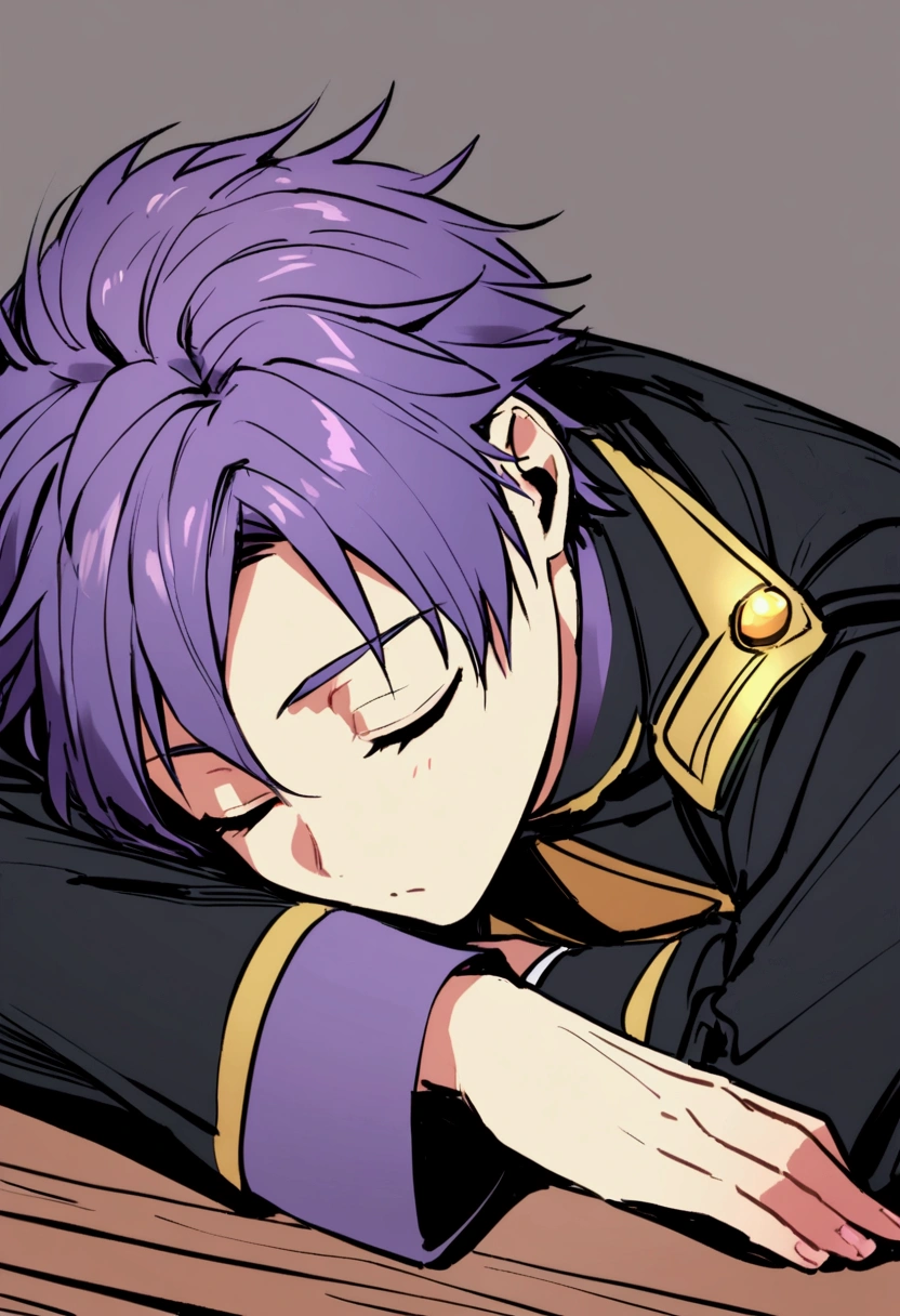 1 man with short purple hair,Around ,juvenile,Uniforms,Sleeping face,Sleeping on the desk,rest。