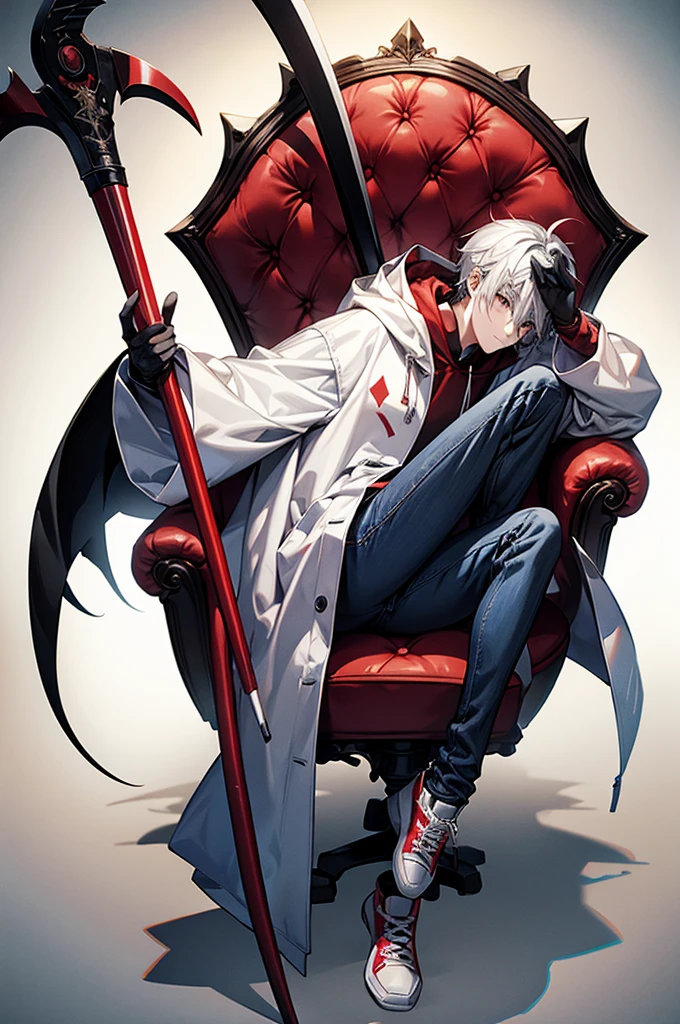 1male, White mask covering entire face, Red hoodie, White lab coat, Slightly baggy blue jeans, Black gloves, Red, white sneakers, Some black hair poking out from the top of the mask, Has a scythe, baggy jeans, For my avatar's pose, sitting on a long chair, hunched forward, leaning on a scythe, chin on hand and staring straight, look at you