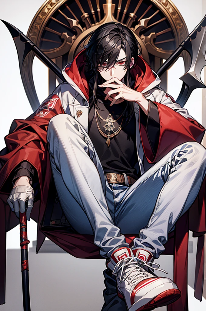 1male, White mask covering entire face, Red hoodie, White lab coat, Slightly baggy blue jeans, Black gloves, Red, white sneakers, Some black hair poking out from the top of the mask, Has a scythe, baggy jeans, For my avatar's pose, sitting on a long chair, hunched forward, leaning on a scythe, chin on hand and staring straight, look at you