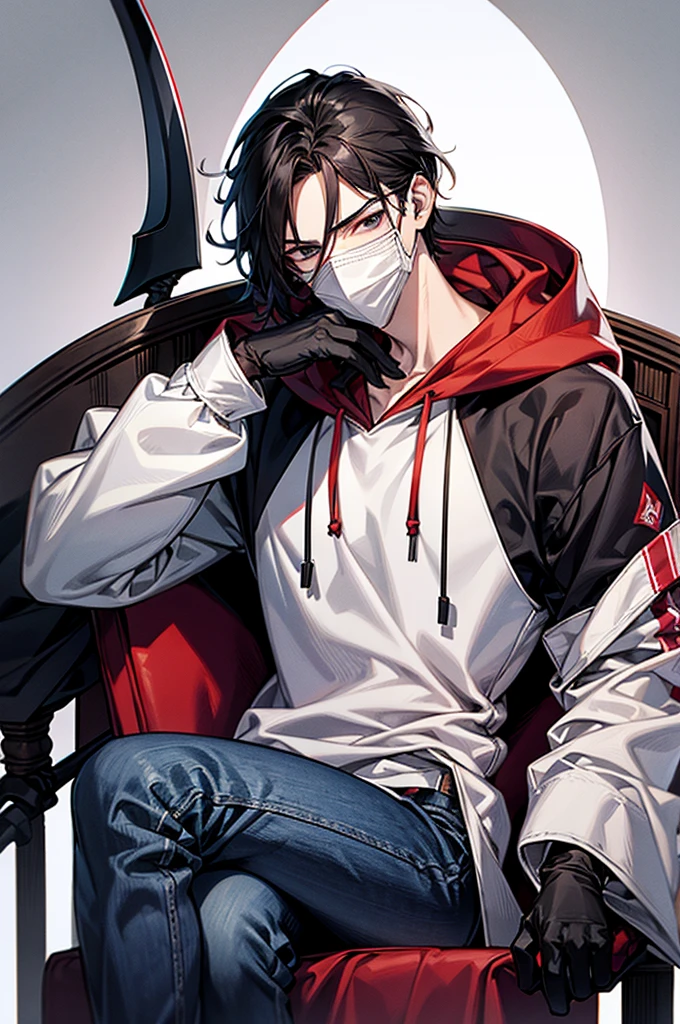 1male, White mask covering entire face, Red hoodie, White lab coat, Slightly baggy blue jeans, Black gloves, Red, white sneakers, Some black hair poking out from the top of the mask, Has a scythe, baggy jeans, For my avatar's pose, sitting on a long chair, hunched forward, leaning on a scythe, chin on hand and staring straight, look at you