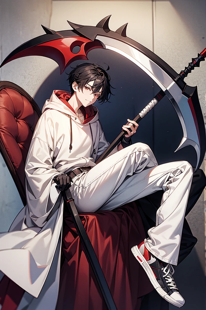 1male, White mask covering entire face, Red hoodie, White lab coat, Slightly baggy blue jeans, Black gloves, Red, white sneakers, Some black hair poking out from the top of the mask, Has a scythe, baggy jeans, For my avatar's pose, sitting on a long chair, hunched forward, leaning on a scythe, chin on hand and staring straight, look at you