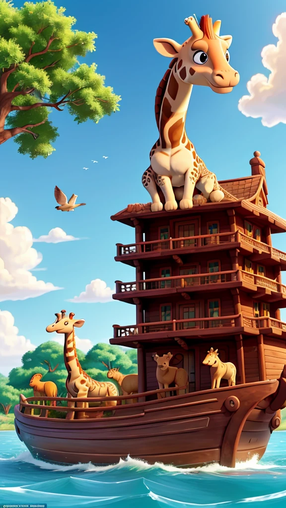 Draw a charming and colorful scene of Noah's Ark in the illustration style reminiscent of classic Disney movies. In the image, show the large wooden ark floating gently on the waters, surrounded by a clear blue sky with fluffy clouds. On the deck of the ark, Noah and his family are smiling and waving, while a variety of animals are around them. Include animals such as elephants, giraffes, lions, zebras, and birds, all with friendly expressions and delightful characteristics typical of the Disney style. Bring the scene to life with vibrant details and a touch of magic, creating a warm and joyful atmosphere for children