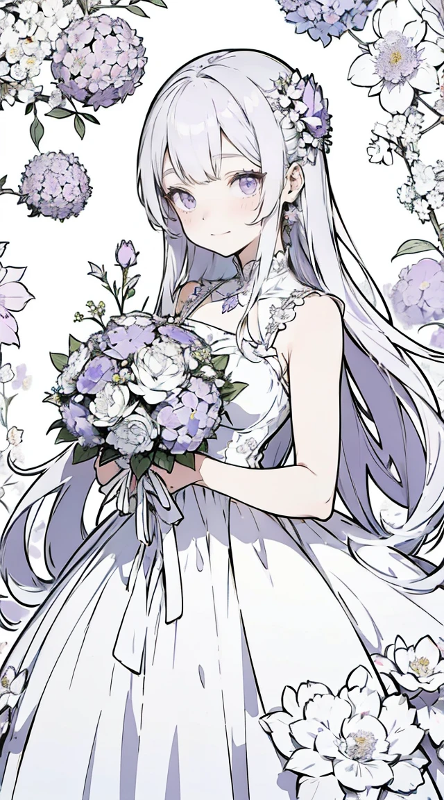 Anime girl with long white hair and a purple dress holding a bouquet, Anime Drawings, Hydrangea, Anime Goddess, purple eyes and White Dress, In a dress, White Dress, Silver Hair, Beautiful anime artwork, Beautiful floral background, pretty girl, smile, Strong outline, most detail flowers, detail flowers, detail flowers,