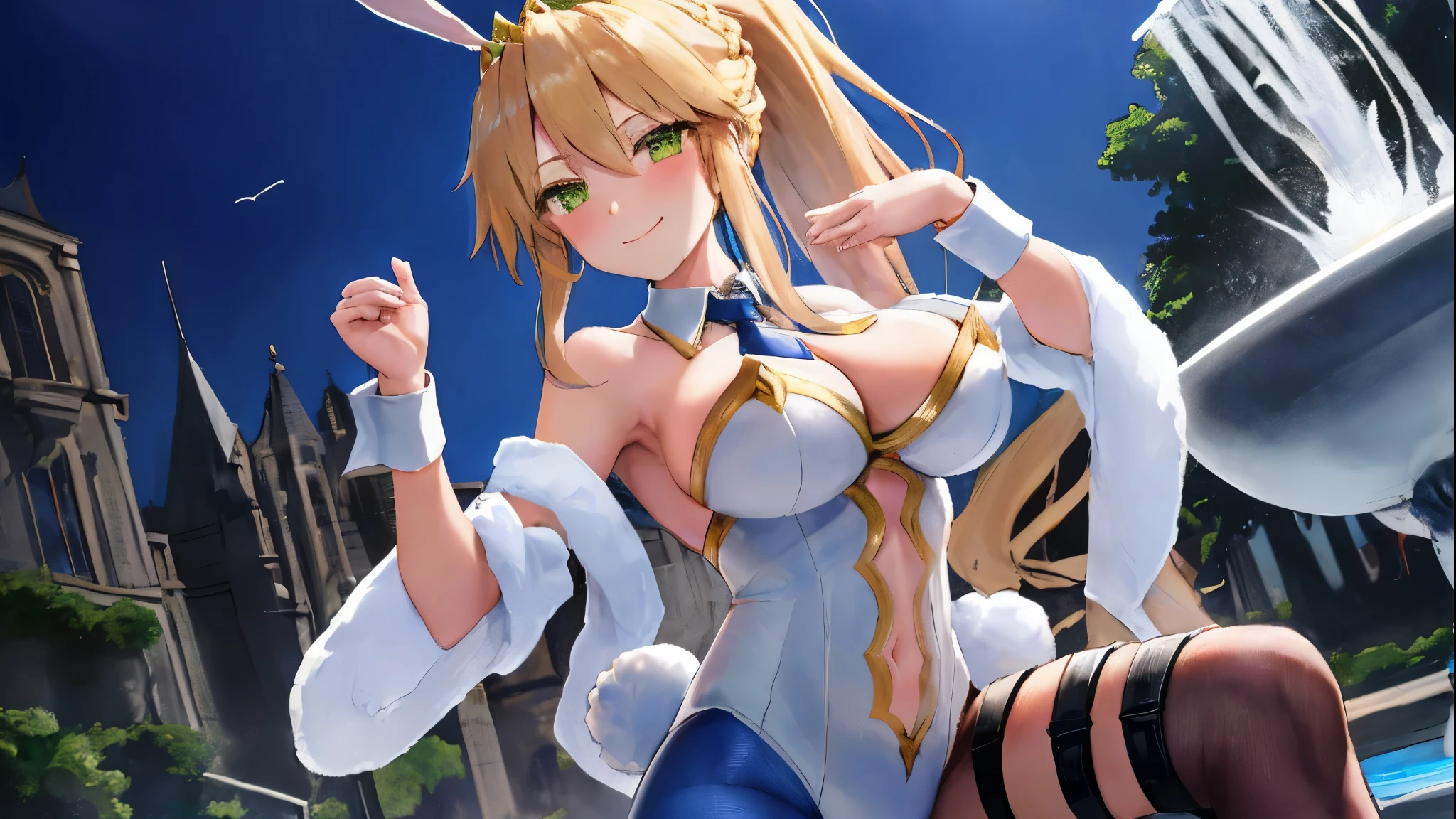 masterpiece, best quality, absurdres, soft lighting, looking at viewer, solo, light_smile, shy,
1girl, ahoge, rabbit ears, playboy bunny, artoria pendragon \(swimsuit ruler\) \(fate\), large breasts , blonde hair, green eyes, french braid,  pony tail
bare shoulders, large breasts , cleavage,
clothing cut out, wrist cuffs, detached collar, navel cutout, feather boa,
white leotard, blue necktie, blue pantyhose, single thigh strap, hands_on_head,put_hands_up,
squat,gorgeous_fountain_landscape_background,solo,rabbit_posing,large_thighs,Extend_fingers,palm,open_legs,.solo