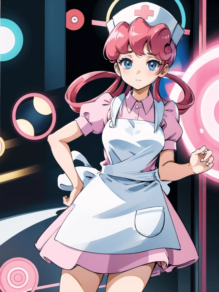 nurse joy (pokemon), hair rings, cap, pink hair, apron, cowboy shot, white background