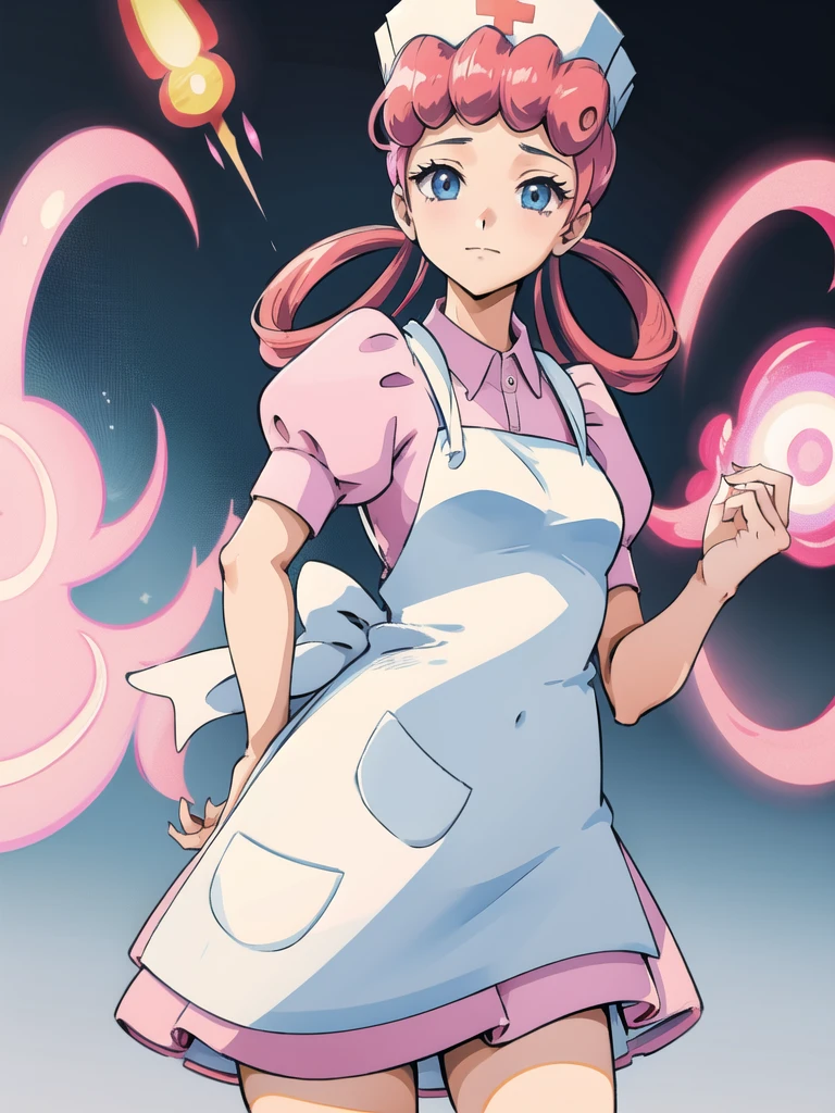 nurse joy (pokemon), hair rings, cap, pink hair, apron, cowboy shot, white background