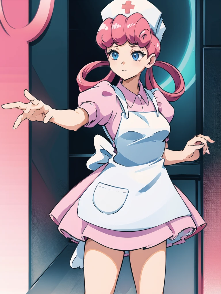 nurse joy (pokemon), hair rings, cap, pink hair, apron, cowboy shot, white background