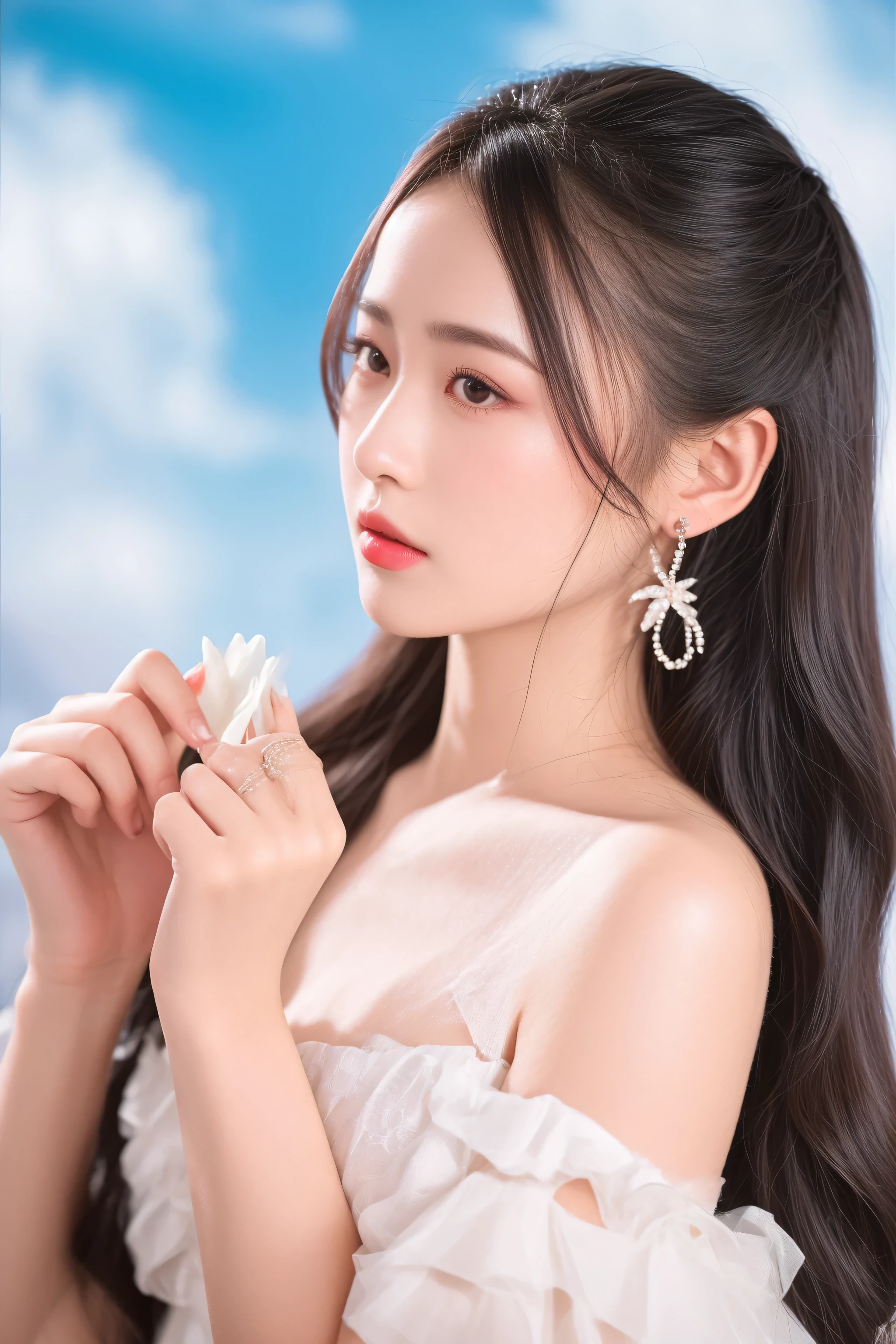 araffe woman with long hair wearing a white dress and earrings, inspired by Huang Ji, captured on canon eos r 6, dilraba dilmurat, sha xi, xintong chen, 中 元 节, 千 葉 雄 大, yanjun chengt, xision wu, trending on cgstation