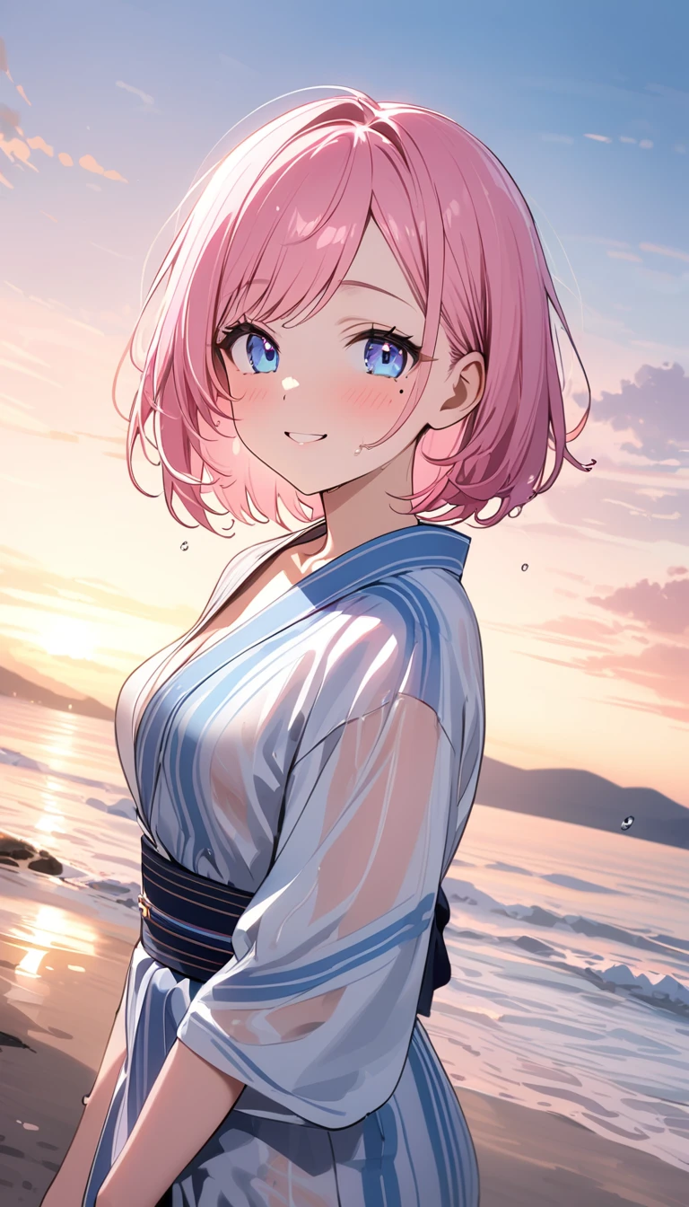 (1 girl),(Best Picture Quality, 8K, Masterpiece:1.3), (high school student:1.5), ((pink lob hair:1.1)), (bob cut),(swept bangs), (cute eyes, pupil black, iris skyblue, youthful face), (mole under right eye), (standard weight), (small breasts), (glistening skin:1.1),(pale skin:1.2),(yukata),(seaside),((Gyaru fashion:1.3)),(wet:1.1),((summer scene:1.2)),(magnificent view),(overlooking),(Smile).