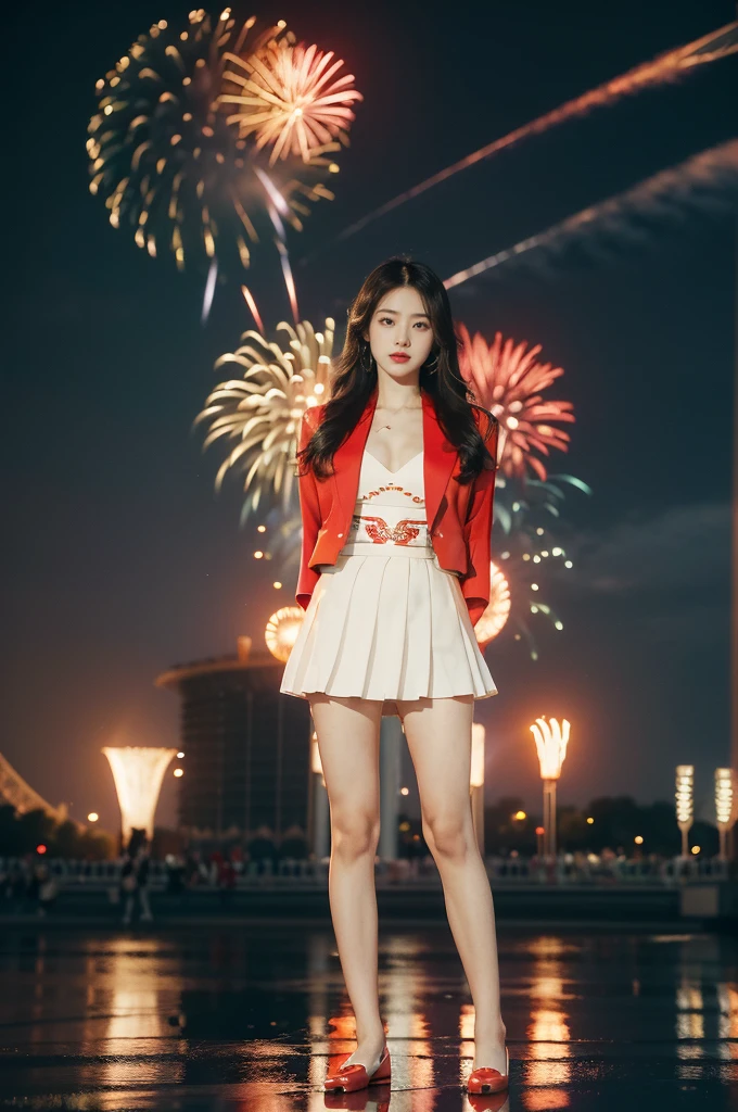 (((best quality))),(((ultra detailed))),(((masterpiece))),illustration, ((Olympic Opening Ceremony,in Paris,summer night,magnificent National stadium of France,Olympic flame, fireworks)),(crowded crowds of enthusiastic spectators:1.3),((a beautiful Chinese girl,solo)),((shoulder length straight hair:1.2)),((slim,thin)),((small breasts,flat chest)),(red blazer:1.5),(yellow dress:1.2),(slender legs:1.2),(loafers:1.2),excited expression, awe, celebrating, electric atmosphere, sense of pride, excitement, playing field, crowd energy, unity, camaraderie, representing China, historic event, memorable moment,((standing:1.2),(arms behind back:1.3),((from front,full body))