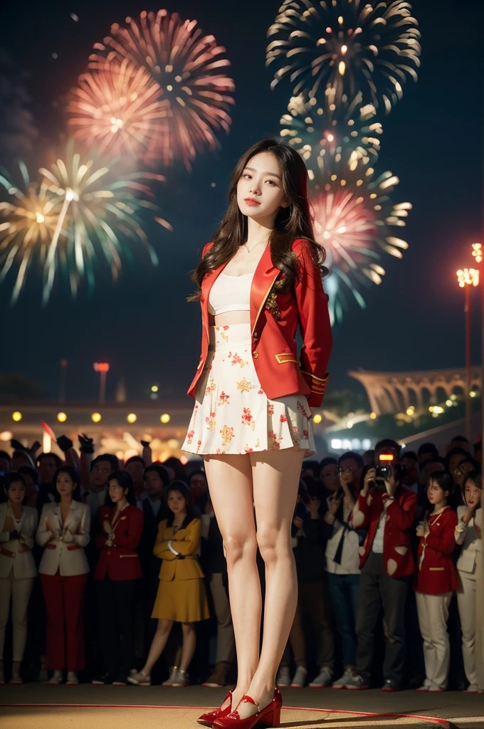 (((best quality))),(((ultra detailed))),(((masterpiece))),illustration, ((Olympic Opening Ceremony,in Paris,summer night,magnificent National stadium of France,Olympic flame, fireworks)),(crowded crowds of enthusiastic spectators:1.3),((a beautiful Chinese girl,solo)),((shoulder length straight hair:1.2)),((slim,thin)),((small breasts,flat chest)),(red blazer:1.5),(yellow dress:1.2),(slender legs:1.2),(loafers:1.2),excited expression, awe, celebrating, electric atmosphere, sense of pride, excitement, playing field, crowd energy, unity, camaraderie, representing China, historic event, memorable moment,((standing:1.2),(arms behind back:1.3),((from front,full body))