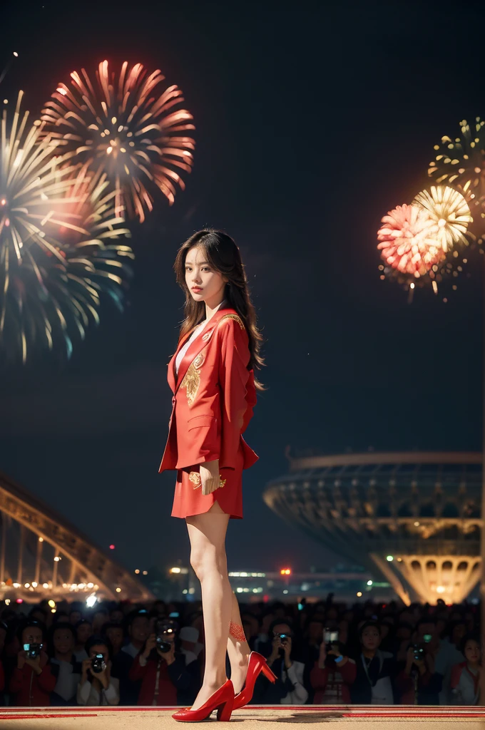 (((best quality))),(((ultra detailed))),(((masterpiece))),illustration, ((Olympic Opening Ceremony,in Paris,summer night,magnificent National stadium of France,Olympic flame, fireworks)),(crowded crowds of enthusiastic spectators:1.3),((a beautiful Chinese girl,solo)),((shoulder length straight hair:1.2)),((slim,thin)),((small breasts,flat chest)),(red blazer:1.5),(yellow dress:1.2),(slender legs:1.2),(loafers:1.2),excited expression, awe, celebrating, electric atmosphere, sense of pride, excitement, playing field, crowd energy, unity, camaraderie, representing China, historic event, memorable moment,((standing:1.2),(arms behind back:1.3),((from front,full body))