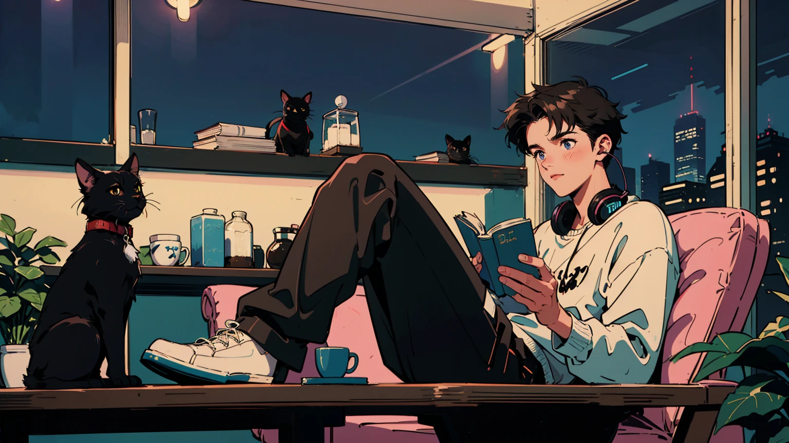 best quality, 8k, 1990s style,2010s hairstyles, 21-year-old boy, black hair, light brown eyes, city pop, pants ,night view, wearing headphones,reading a book, whole body, relax coffee,table,confection,Looking at me, Black cat