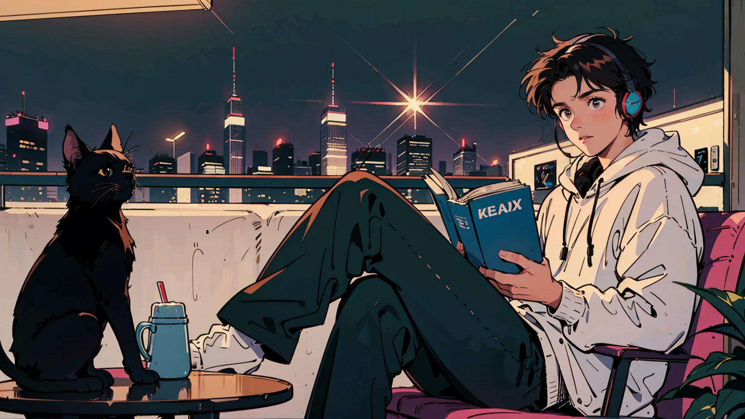 best quality, 8k, 1990s style,2010s hairstyles, 21-year-old boy, black hair, light brown eyes, city pop, pants ,night view, wearing headphones,reading a book, whole body,  relax coffee,table,confection,Looking at me, Black cat
