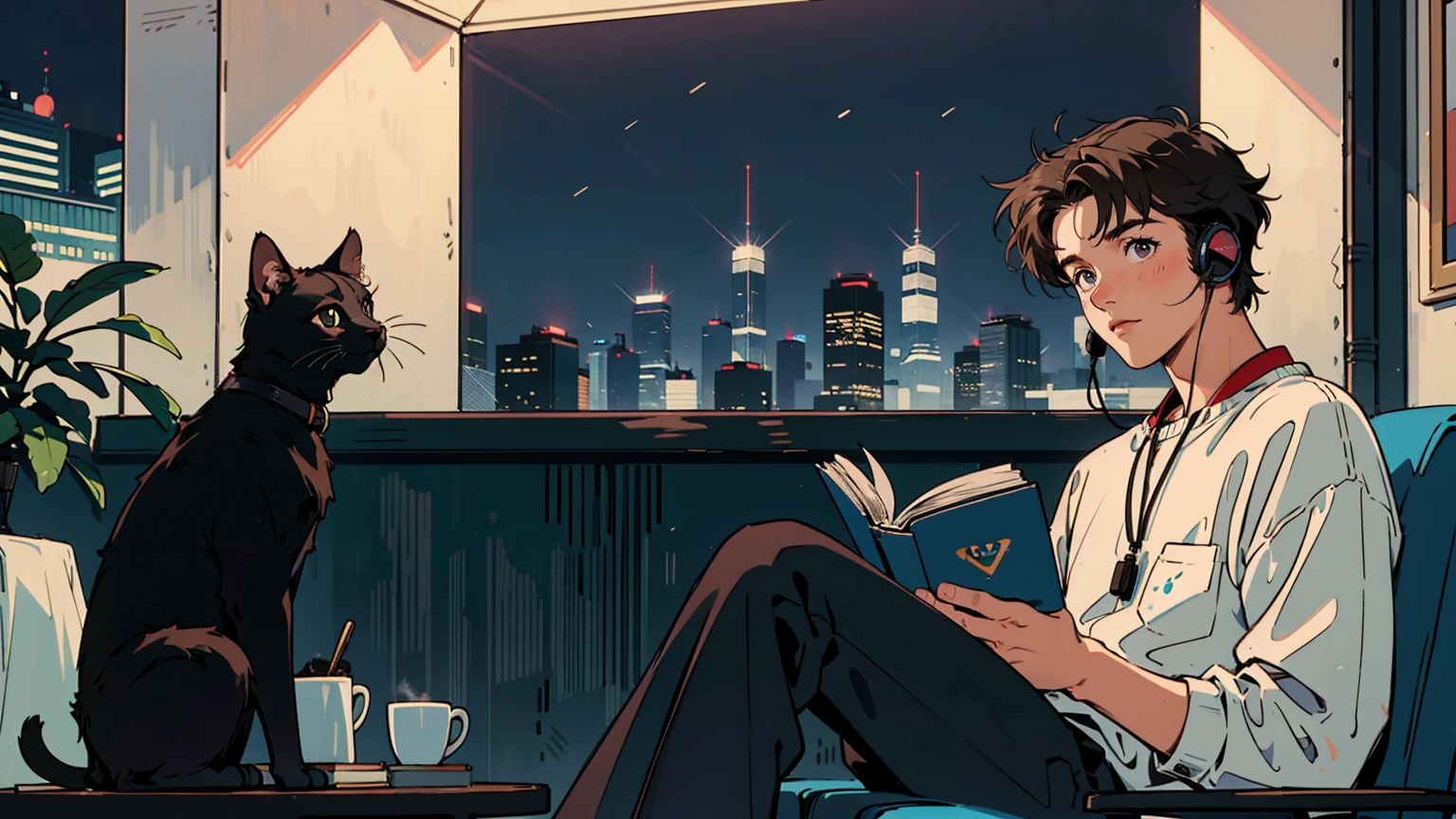 best quality, 8k, 1990s style,2010s hairstyles, 21-year-old boy, black hair, light brown eyes, city pop, pants ,night view, wearing headphones,reading a book, whole body,  relax coffee,table,confection,Looking at me, Black cat

