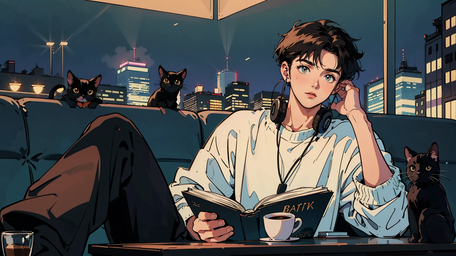 best quality, 8k, 1990s style,2010s hairstyles, 21-year-old boy, black hair, light brown eyes, city pop, pants ,night view, wearing headphones,reading a book, whole body, relax coffee,table,confection,Looking at me, Black cat