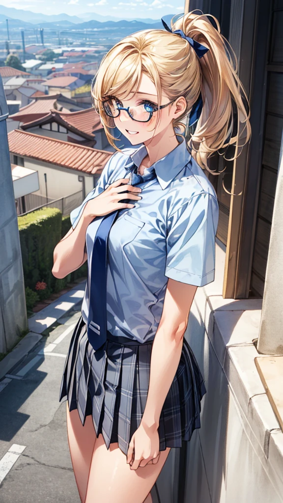 (masterpiece:1.3, highest quality, Ultra-high resolution, Very detailed), (Realistic:1.1, photoRealistic:1.4), Beautiful illustrations, Perfect lighting, colorful, Written boundary depth,
Beautiful detailsまでこだわった髪, Beautifully detailed face, Beautiful details, Beautiful clavicle, Beautiful body, Beautiful breasts, Beautiful thighs, Beautiful feet, Beautiful fingers,
View your viewers, 1 girl, Japanese, high school girl, Perfect Face, (Perfect Anatomy, Anatomically correct), Cute and symmetrical face, Baby Face, Sunburn, Shiny skin,
(Middle Hair:1.5, Twin tails:1.2, blonde), Asymmetrical bangs, blue eyes, Long eyelashes, (Medium Chest), thin,
((Collared short-sleeved shirt, Light blue shirt, , Grey plaid pleated skirt, To the Navy)), No pants, (Cum overflowing from the vagina),
(Beautiful views), evening, (Outdoor, distant cityscape), Are standing, (peace sign), (Cute Smile, Blushing、Upward glance, Open your mouth), (A beautiful pussy line like a bun)