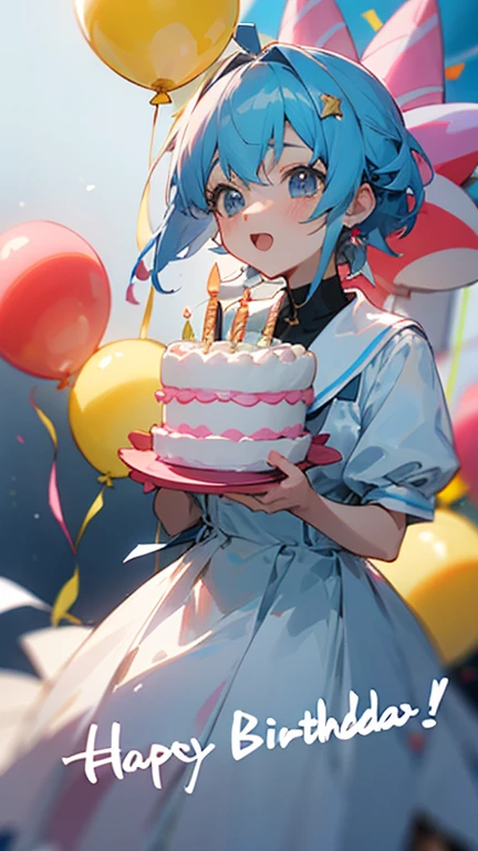 anypose anime adolescente,short and light blue hair birthday girl, celebrating birthday