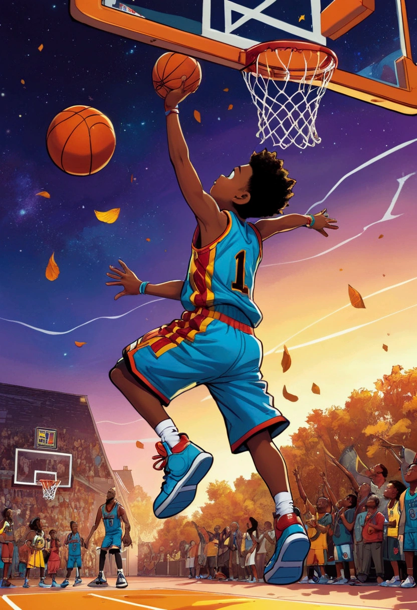 basketball Dunk, Game-Winning Dunk, by Makoto Shinkai and Makoto Niitsu style, full body, cinematic still, (best quality, masterpiece), very aesthetic, perfect composition, intricate details, ultra-detailed, vivid colors