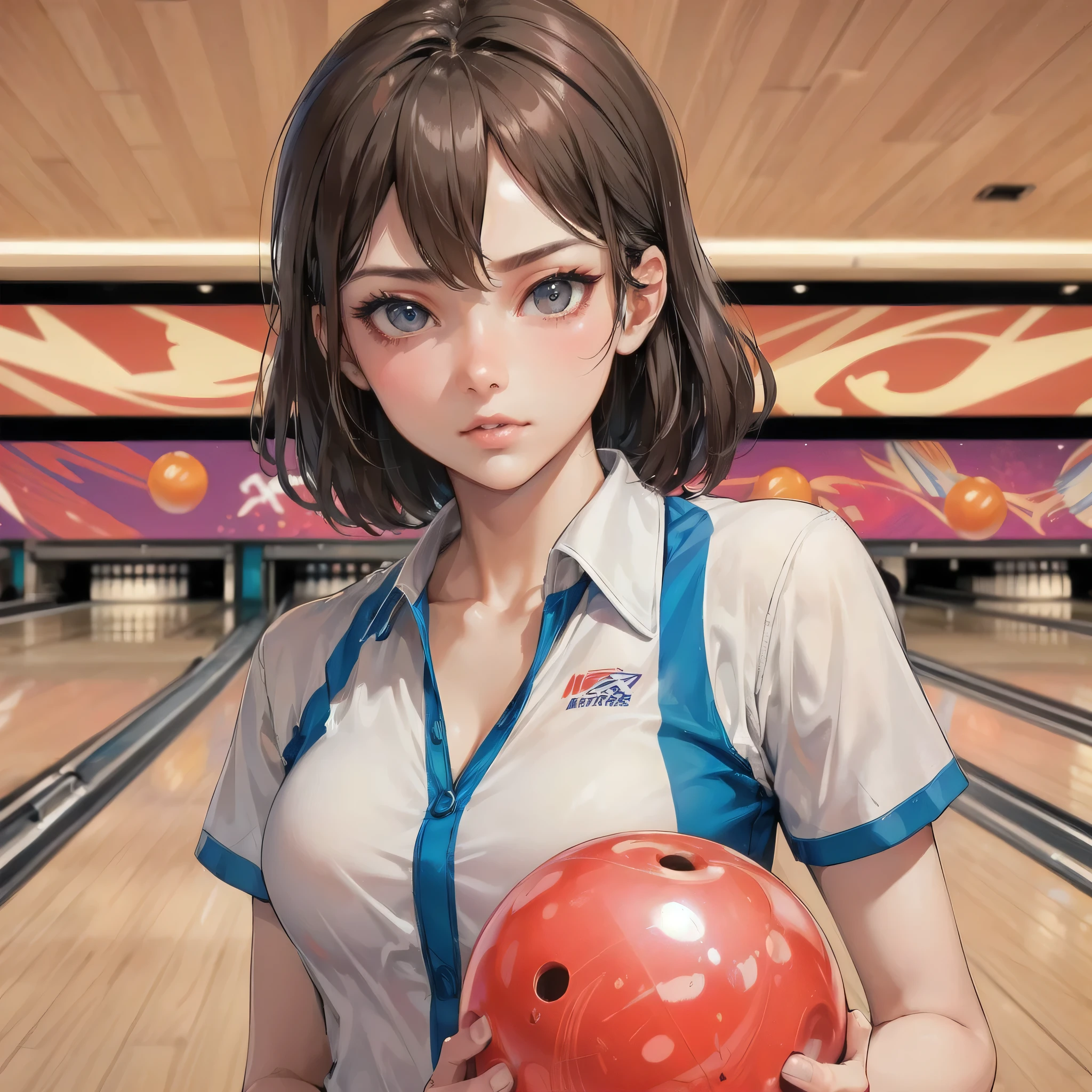  masterpiece, (textured skin), best quality, gorgeous beautiful girl, (a female bowling athlete), detailed clothes,large breasts,narrow waist,, (beautiful face), cinematic lighting, (at bowlingl venue ),