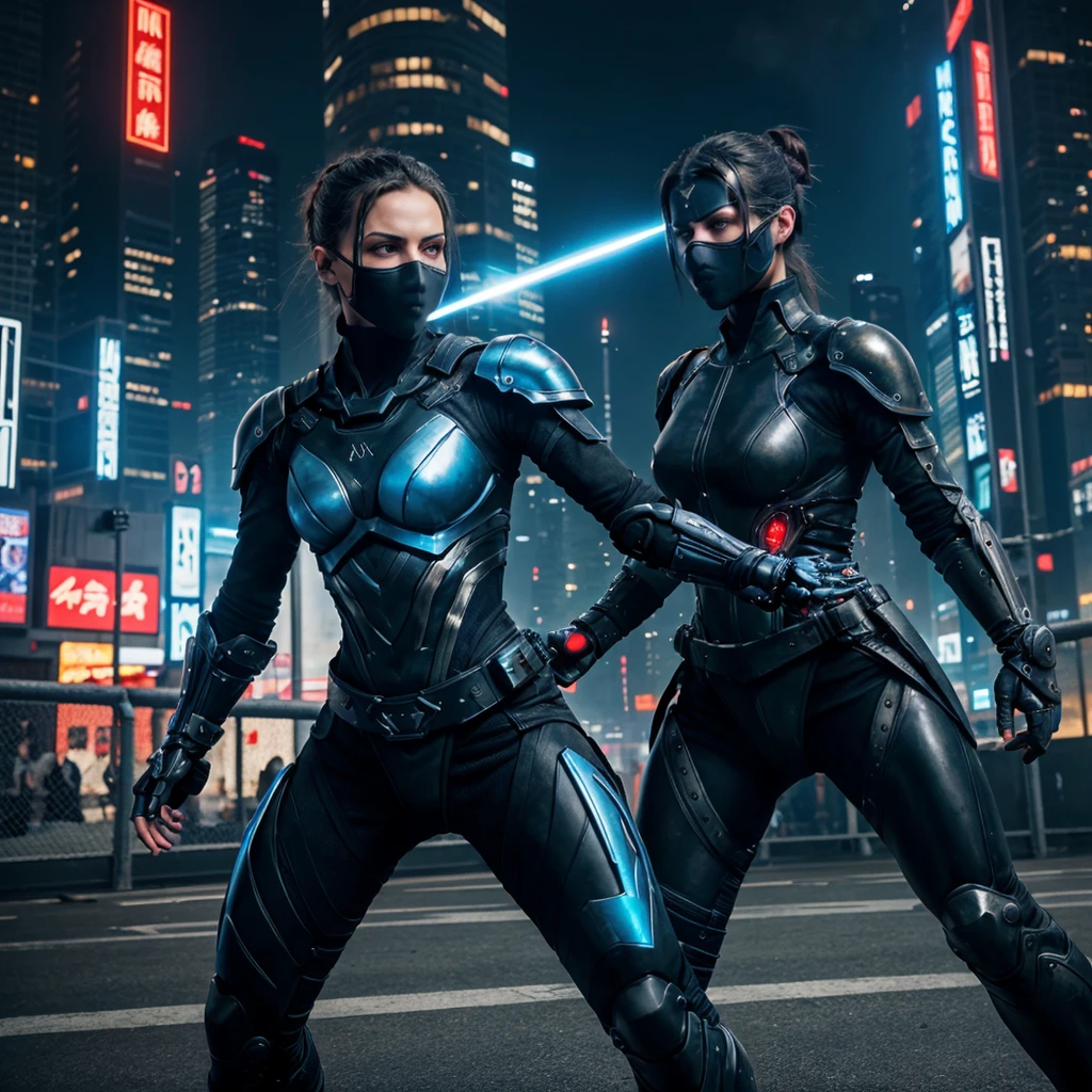 "Create a dynamic and intense scene featuring a cybernetic human ninja clashing with a formidable, larger cybernetic martial artist. The ninja, agile and sleek, wields a sword in each hand, their futuristic battle armor glinting under the neon lights of the dystopian cityscape. The armor is a blend of matte black and iridescent blue, with intricate circuitry patterns glowing faintly, highlighting the ninja's movements. The ninja's face is partially concealed by a high-tech mask, eyes glowing a piercing electric blue, exuding an aura of deadly precision.
Opposite the ninja stands the larger cybernetic martial artist, towering and imposing, with a frame reinforced by bulky, advanced cybernetics. Their battle armor is rugged and industrial, a stark contrast to the ninja's sleek gear, with patches of scorched metal and heavy plating that speaks of many battles fought. Their eyes, a glowing crimson, lock onto the ninja with a fierce intensity. The martial artist's hands are equipped with powerful, reinforced knuckles, ready to deliver devastating blows.
The backdrop is a futuristic urban battlefield, with towering skyscrapers, flickering holographic advertisements, and the distant hum of flying vehicles. Sparks fly as the ninja's swords clash with the martial artist's cybernetic limbs, creating a thrilling and high-stakes atmosphere. Capture the fluid motion, the clash of metal, and the sheer energy of this epic confrontation in a visually stunning and highly detailed artwork."