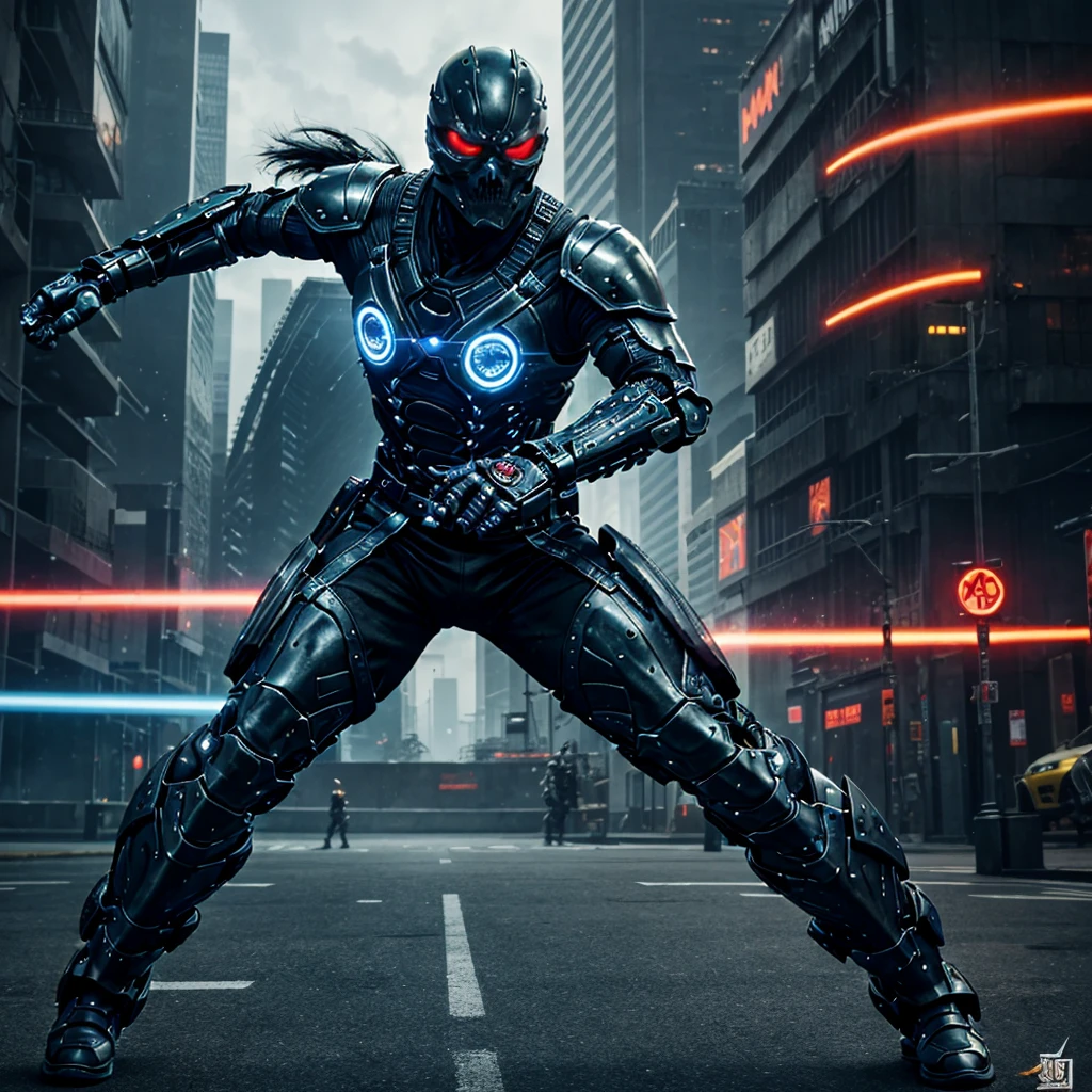 "Create a dynamic and intense scene featuring a cybernetic human ninja clashing with a formidable, larger cybernetic martial artist. The ninja, agile and sleek, wields a sword in each hand, their futuristic battle armor glinting under the neon lights of the dystopian cityscape. The armor is a blend of matte black and iridescent blue, with intricate circuitry patterns glowing faintly, highlighting the ninja's movements. The ninja's face is partially concealed by a high-tech mask, eyes glowing a piercing electric blue, exuding an aura of deadly precision.
Opposite the ninja stands the larger cybernetic martial artist, towering and imposing, with a frame reinforced by bulky, advanced cybernetics. Their battle armor is rugged and industrial, a stark contrast to the ninja's sleek gear, with patches of scorched metal and heavy plating that speaks of many battles fought. Their eyes, a glowing crimson, lock onto the ninja with a fierce intensity. The martial artist's hands are equipped with powerful, reinforced knuckles, ready to deliver devastating blows.
The backdrop is a futuristic urban battlefield, with towering skyscrapers, flickering holographic advertisements, and the distant hum of flying vehicles. Sparks fly as the ninja's swords clash with the martial artist's cybernetic limbs, creating a thrilling and high-stakes atmosphere. Capture the fluid motion, the clash of metal, and the sheer energy of this epic confrontation in a visually stunning and highly detailed artwork."