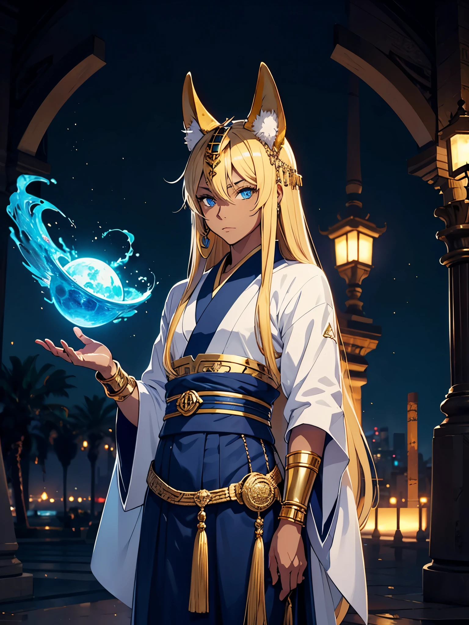 Blue Kimono. japanese clothes. blue eyes. More anime. pretty. Anubis. Anubisohren. Jackal ears with fur. age boy. Egyptian deity Anubis. long blond hair. Lots of gold jewelry. dark skin. Egyptian. dazzling blue eyes. mystical. divine.