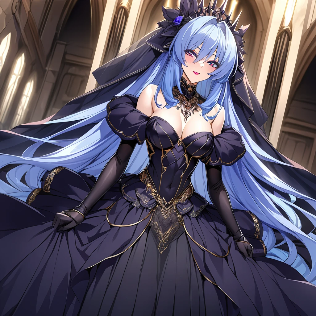 ((Highest quality)), ((masterpiece)), (detailed), (Perfect Face)、The woman is the evil queen, Extia, a beautiful evil queen with medium-long blue hair, wearing a gorgeous black wedding dress with gold embroidery and trim, a black wedding veil, an engagement ring, gorgeous accessories, lipstick and makeup.、The woman is happily getting married in a posh church belonging to an evil organization.