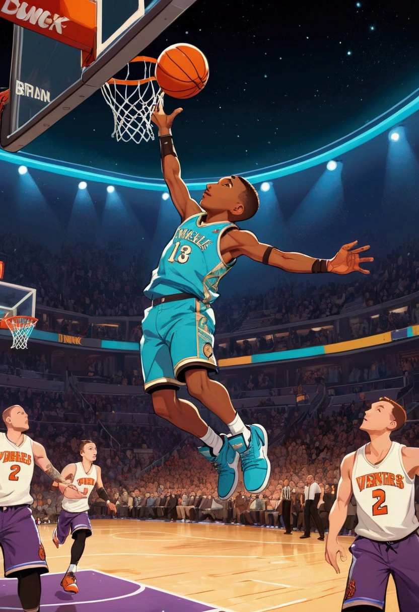 basketball Dunk, Game-Winning Dunk, by Makoto Shinkai and Makoto Niitsu style, full body, cinematic still, (best quality, masterpiece), very aesthetic, perfect composition, intricate details, ultra-detailed, vivid colors