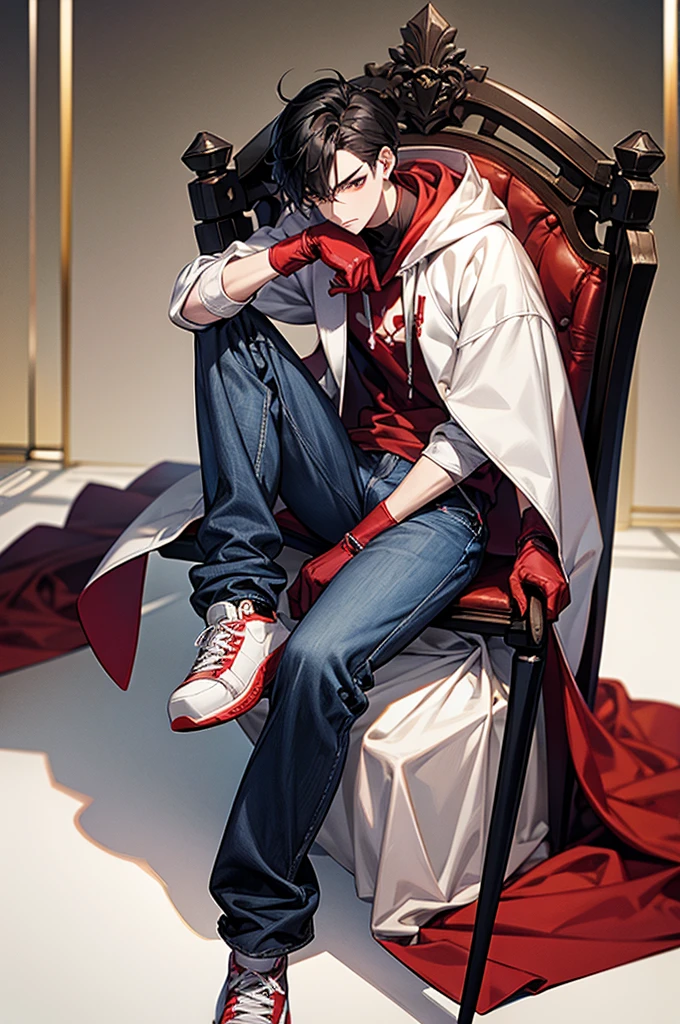 1male, White mask covering entire face, Red hoodie, White lab coat, Slightly baggy blue jeans, Black gloves, Red, white sneakers, Some black hair poking out from the top of the mask, Has a scythe, baggy jeans, For my avatar's pose, sitting on a wood chair, hunched forward, leaning on a scythe, chin on hand and staring straight, look at you