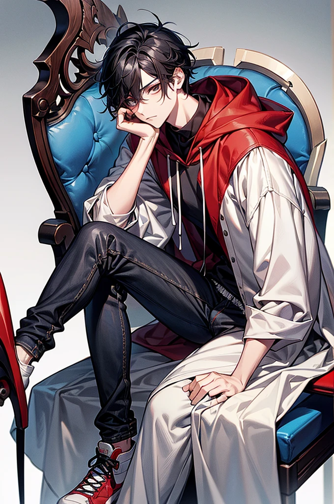 1male, White mask covering entire face, Red hoodie, White lab coat, Slightly baggy blue jeans, Black gloves, Red, white sneakers, Some black hair poking out from the top of the mask, Has a scythe, baggy jeans, For my avatar's pose, sitting on a wood chair, hunched forward, leaning on a scythe, chin on hand and staring straight, look at you