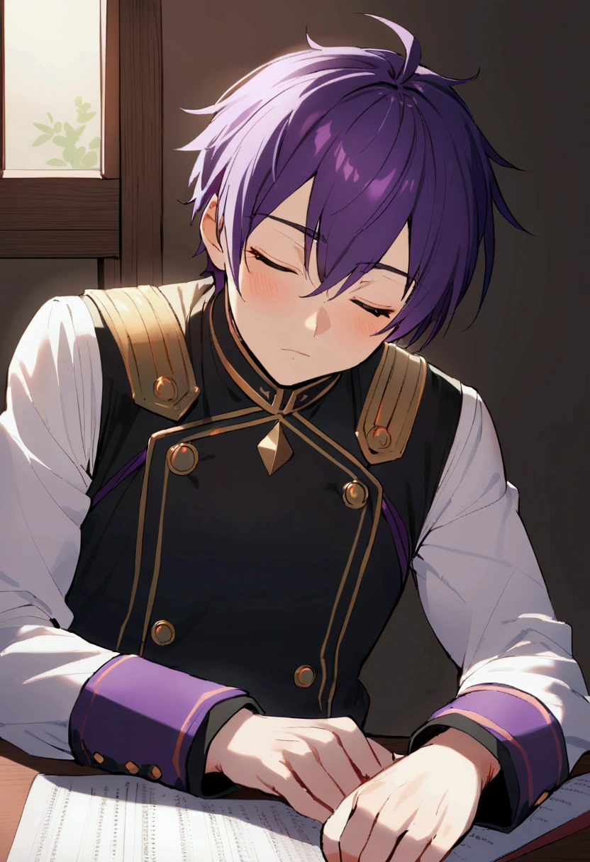 1 man with short purple hair,Around 17 years old,juvenile,Uniforms,Sleeping face,Sleeping on the desk,rest,From the tablemate's perspective