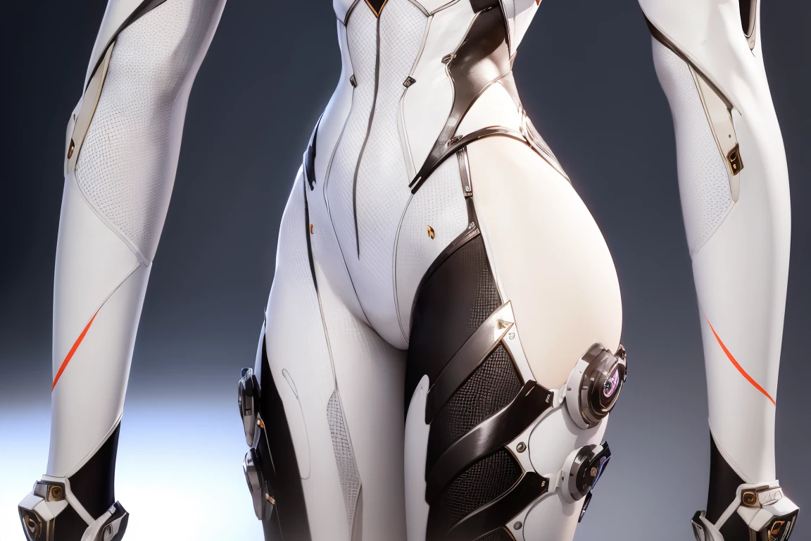 woman with perfect body, Bunny The First Descendant Ultimate Skin, dressed in a Maio Fri and glued to the body with white colors, black and chrome details with legs showing, full body front, with eyes and mouth appearing