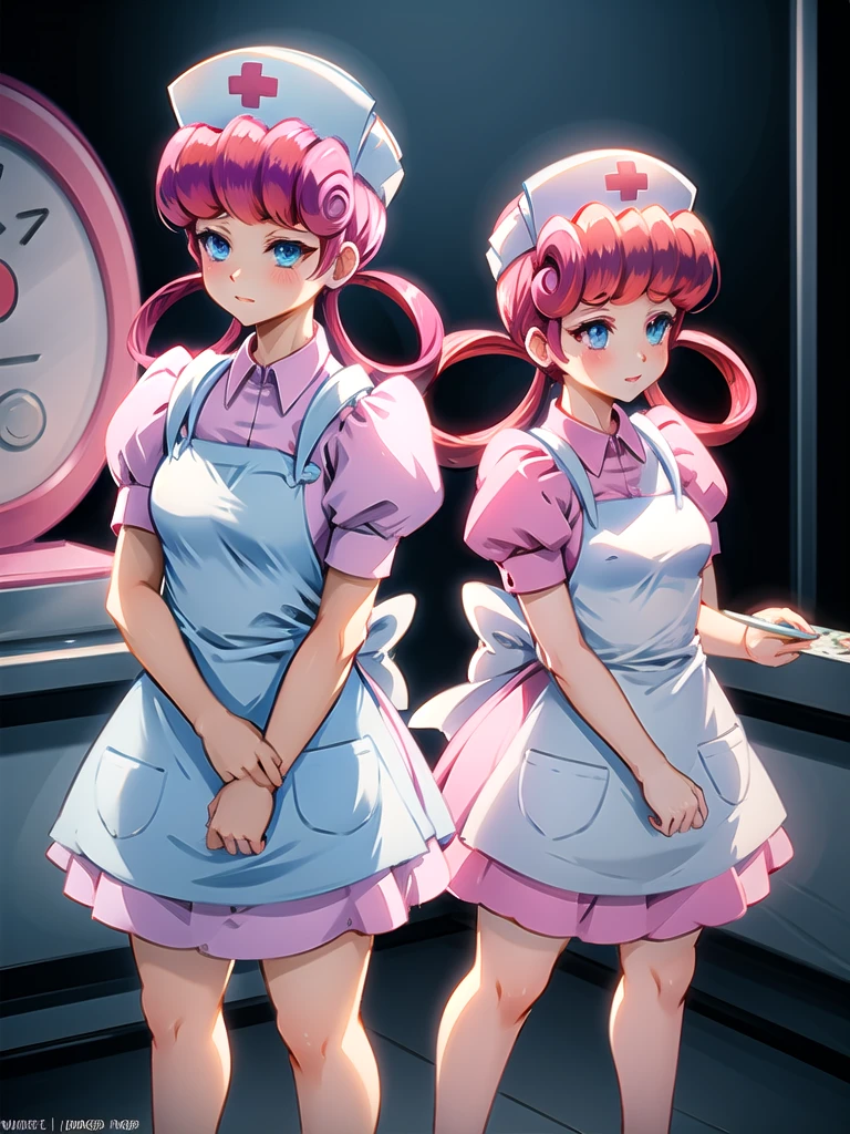 nurse joy (pokemon), hair rings, cap, pink hair, apron, cowboy shot, white background