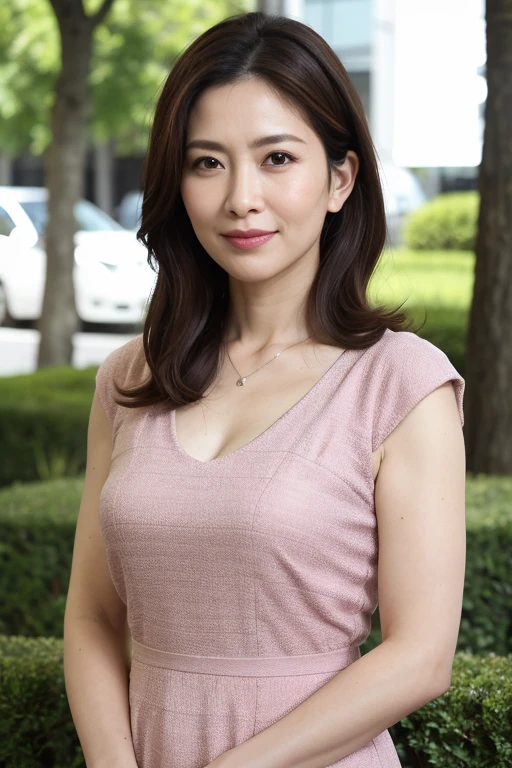 最high quality, In 8K, Masseter muscle area, Lifelike, Sharp focus, high quality, High resolution, Detailed face, Detailed eyes, Thick lips, (Look at the viewers), solo, Middle-aged women, Beautiful woman, Age 35, plum, Beautifully styled hair, Cleavage, Brightly colored patterned dress, Afternoon in front of the park garden