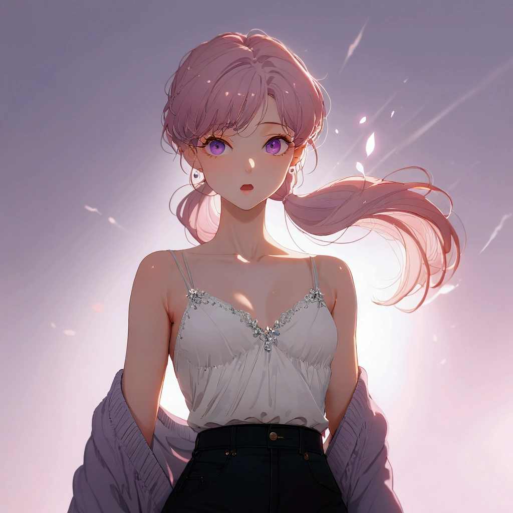 ((masterpiece)), ((Highest quality)), (anime:1.3), (Super Detail:1.2), (High resolution:1.3), (Professional photography:1.3), (Wide Shot), (so beautiful:1.2), (Absurd:1.2), (Sharp focus), (Perfect light), 8k, Glowing Skin, Cinema Lighting, One young woman, (Purple transparent cardigan),（White camisole as inner）, (Black jeans), Toned arms, Small breasts, Shiny light purple hair in a low ponytail, (Purple eyes, Swept-apart bangs), （Pink hair in the eye）、stoic, Open your mouth, clavicle, Hair blowing in the wind, break, ((Highest quality)), (so beautiful:1.2), (Absurd:1.2),