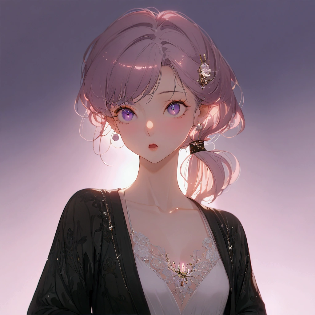 ((masterpiece)), ((Highest quality)), (anime:1.3), (Super Detail:1.2), (High resolution:1.3), (Professional photography:1.3), (Wide Shot), (so beautiful:1.2), (Absurd:1.2), (Sharp focus), (Perfect light), 8k, Glowing Skin, Cinema Lighting, One young woman, (Purple transparent cardigan),(White camisole as inner), (Black jeans), Toned arms, Small breasts, Shiny light purple hair in a low ponytail, (Purple eyes, Swept-apart bangs), (Pink hair in the eye)、stoic, Open your mouth, clavicle, Hair blowing in the wind, break, ((Highest quality)), (so beautiful:1.2), (Absurd:1.2),