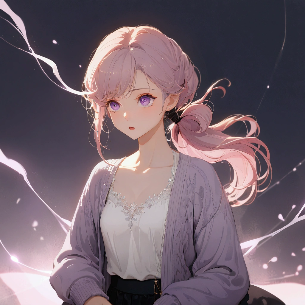 ((masterpiece)), ((Highest quality)), (anime:1.3), (Super Detail:1.2), (High resolution:1.3), (Professional photography:1.3), (Wide Shot), (so beautiful:1.2), (Absurd:1.2), (Sharp focus), (Perfect light), 8k, Glowing Skin, Cinema Lighting, One young woman, (Purple transparent cardigan),(White camisole as inner), (Black jeans), Toned arms, Small breasts, Shiny light purple hair in a low ponytail, (Purple eyes, Swept-apart bangs), (Pink hair in the eye)、stoic, Open your mouth, clavicle, Hair blowing in the wind, break, ((Highest quality)), (so beautiful:1.2), (Absurd:1.2),