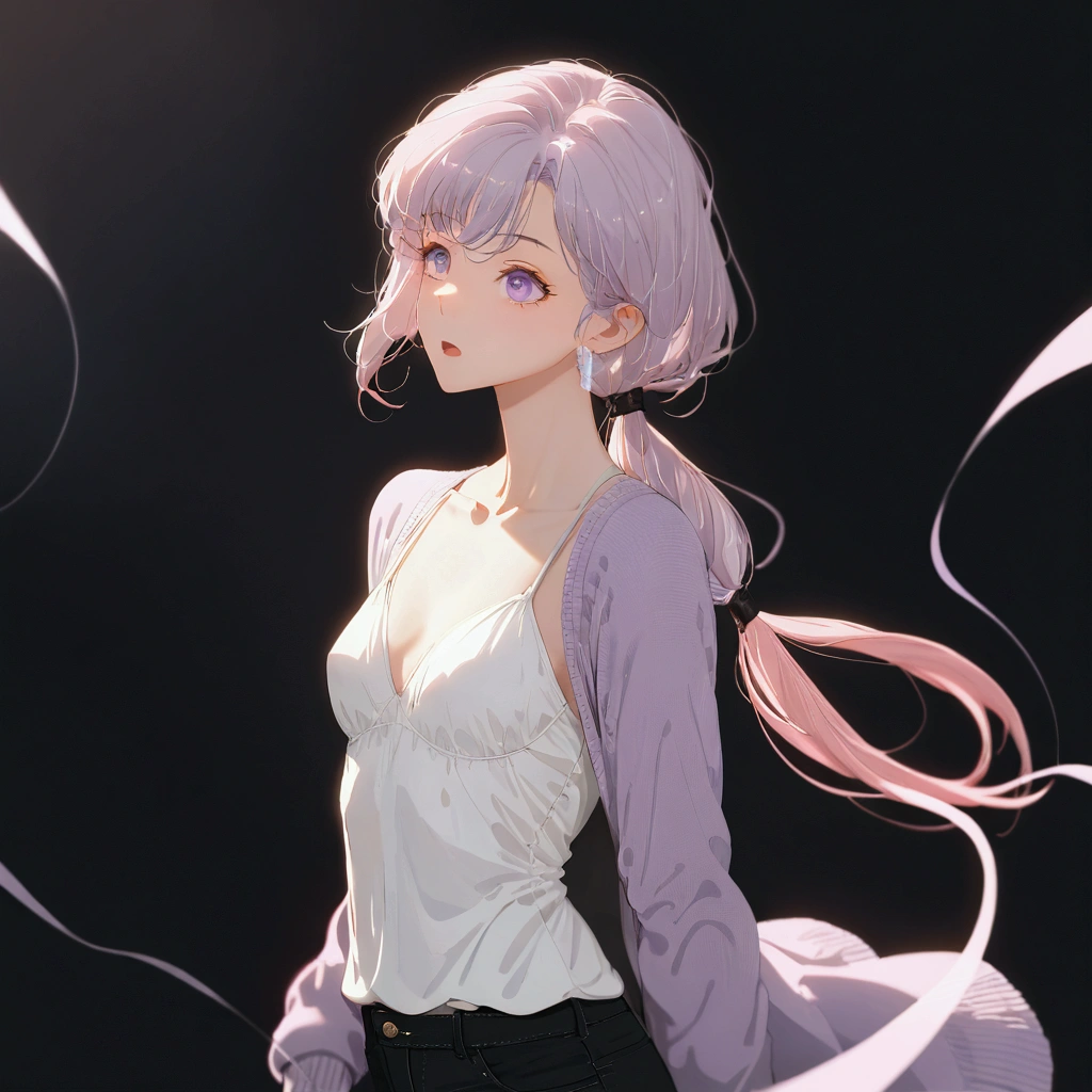 ((masterpiece)), ((Highest quality)), (anime:1.3), (Super Detail:1.2), (High resolution:1.3), (Professional photography:1.3), (Wide Shot), (so beautiful:1.2), (Absurd:1.2), (Sharp focus), (Perfect light), 8k, Glowing Skin, Cinema Lighting, One young woman, (Purple transparent cardigan),(White camisole as inner), (Black jeans), Toned arms, Small breasts, Shiny light purple hair in a low ponytail, (Purple eyes, Swept-apart bangs), (Pink hair in the eye)、stoic, Open your mouth, clavicle, Hair blowing in the wind, break, ((Highest quality)), (so beautiful:1.2), (Absurd:1.2),